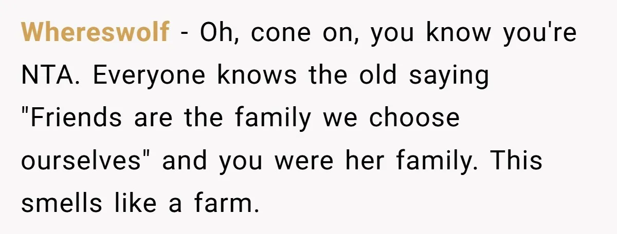 Whereswolf - Oh, cone on, you know you're NTA. Everyone knows the old saying "Friends are the family we choose ourselves" and you were her family. This smells like a...