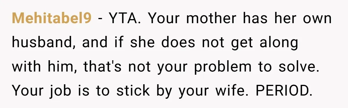 Mehitabel9 − YTA. Your mother has her own husband, and if she does not get along with him, that's not your problem to solve. Your job is to stick by...