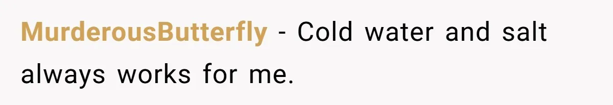 MurderousButterfly − Cold water and salt always works for me.