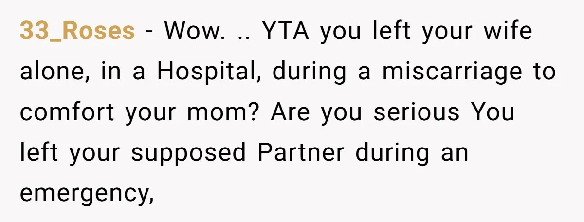 33_Roses − Wow. .. YTA you left your wife alone, in a Hospital, during a miscarriage to comfort your mom? Are you serious You left your supposed Partner during an...