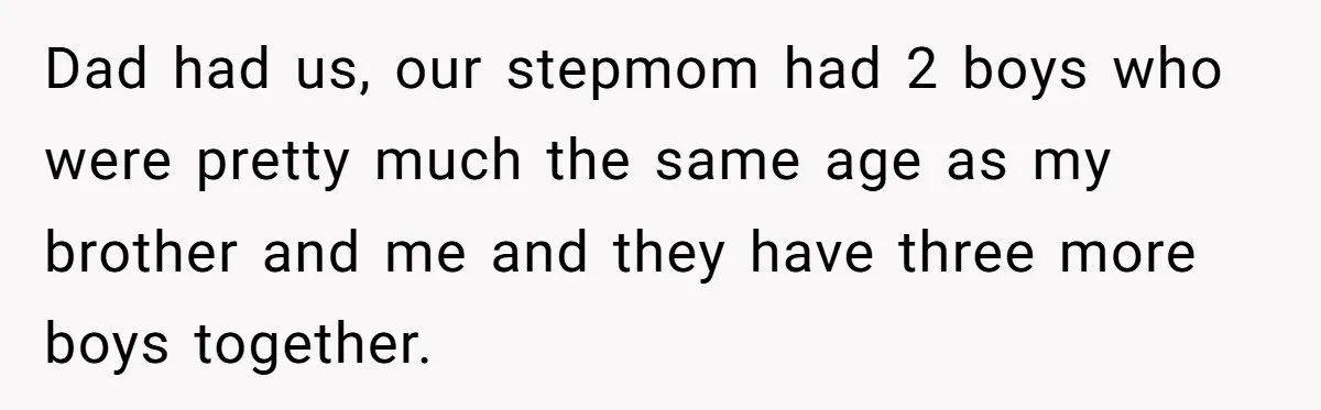 Dad had us, our stepmom had 2 boys who were pretty much the same age as my brother and me and they have three more boys together.
