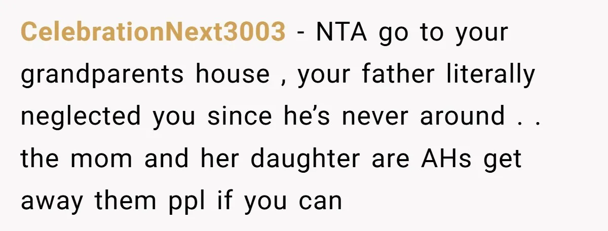 CelebrationNext3003 - NTA go to your grandparents house , your father literally neglected you since he’s never around . . the mom and her daughter are AHs get away them...