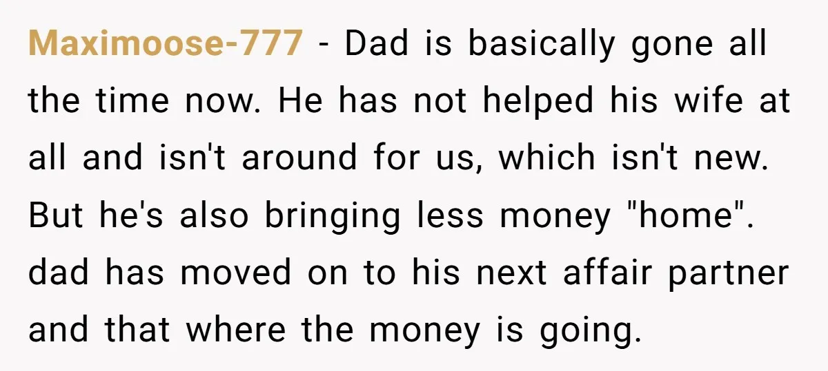 Maximoose-777 - Dad is basically gone all the time now. He has not helped his wife at all and isn't around for us, which isn't new. But he's also bringing...
