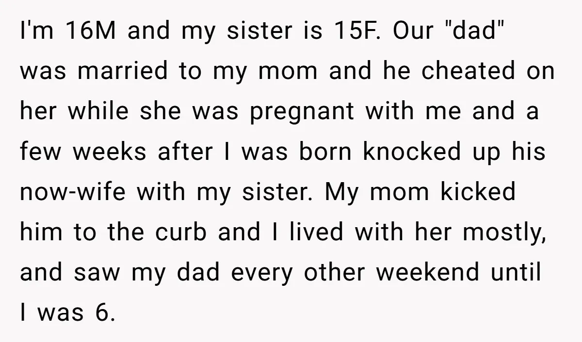 I'm 16M and my sister is 15F. Our "dad" was married to my mom and he cheated on her while she was pregnant with me and a few weeks after...