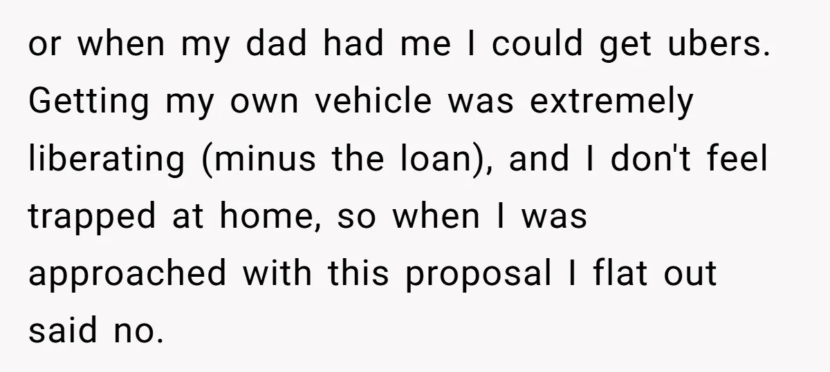 or when my dad had me I could get ubers. Getting my own vehicle was extremely liberating (minus the loan), and I don't feel trapped at home, so when I...