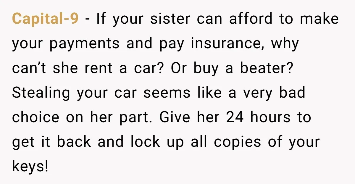 Capital-9 − If your sister can afford to make your payments and pay insurance, why can’t she rent a car? Or buy a beater? Stealing your car seems like a...
