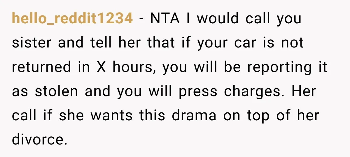 hello_reddit1234 − NTA I would call you sister and tell her that if your car is not returned in X hours, you will be reporting it as stolen and you...