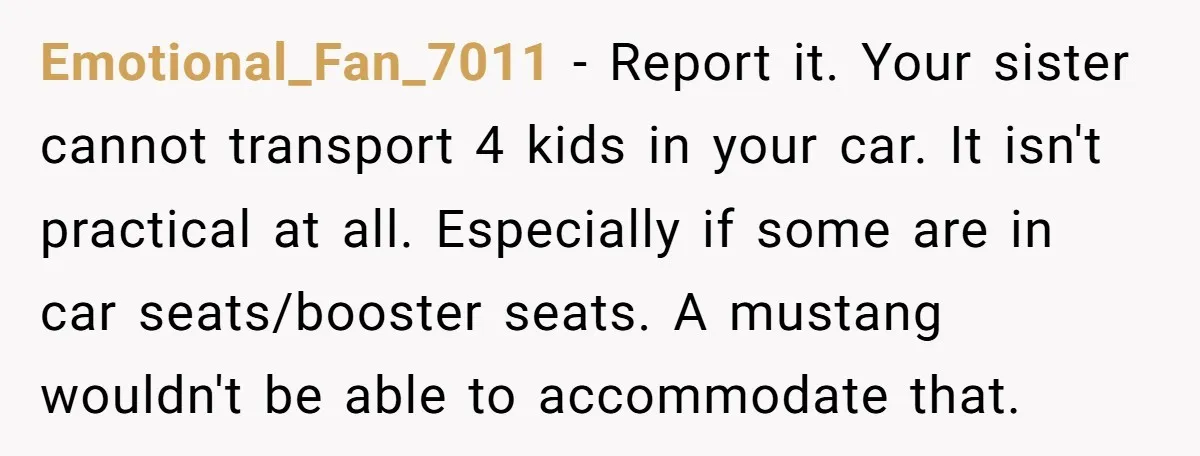 Emotional_Fan_7011 − Report it. Your sister cannot transport 4 kids in your car. It isn't practical at all. Especially if some are in car seats/booster seats. A mustang wouldn't be...