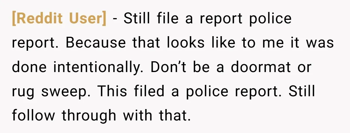 [Reddit User] − Still file a report police report. Because that looks like to me it was done intentionally. Don’t be a doormat or rug sweep. This filed a police...