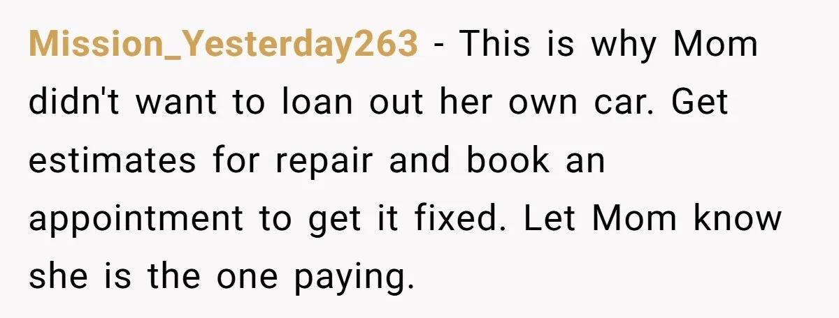 Mission_Yesterday263 − This is why Mom didn't want to loan out her own car. Get estimates for repair and book an appointment to get it fixed. Let Mom know she...