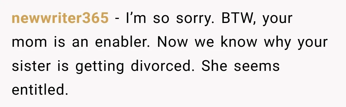 newwriter365 − I’m so sorry. BTW, your mom is an enabler. Now we know why your sister is getting divorced. She seems entitled.