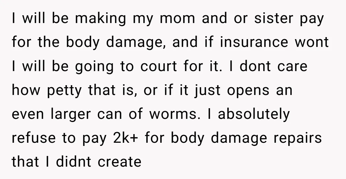 I will be making my mom and or sister pay for the body damage, and if insurance wont I will be going to court for it. I dont care how...