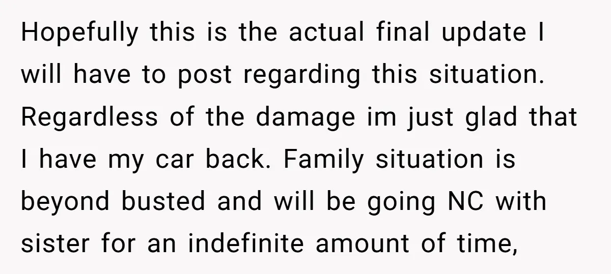 Hopefully this is the actual final update I will have to post regarding this situation. Regardless of the damage im just glad that I have my car back. Family situation...
