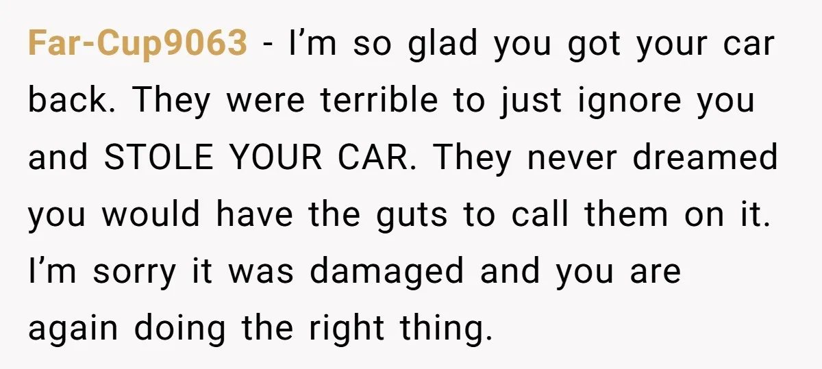 Far-Cup9063 − I’m so glad you got your car back. They were terrible to just ignore you and STOLE YOUR CAR. They never dreamed you would have the guts to...