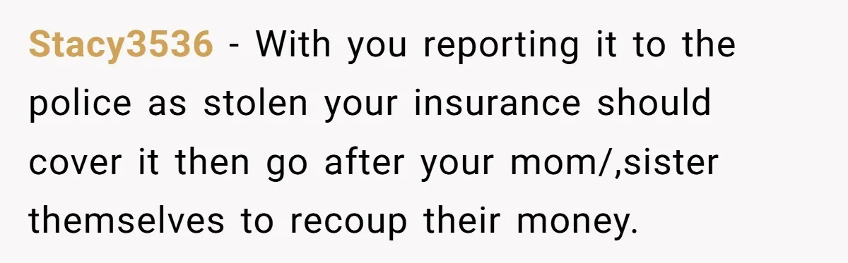 Stacy3536 − With you reporting it to the police as stolen your insurance should cover it then go after your mom/,sister themselves to recoup their money.
