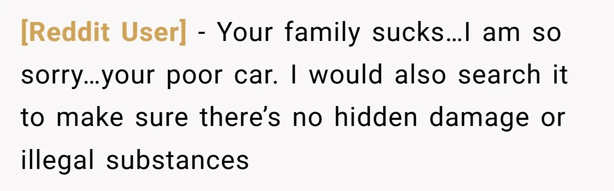 [Reddit User] − Your family sucks…I am so sorry…your poor car. I would also search it to make sure there’s no hidden damage or illegal substances