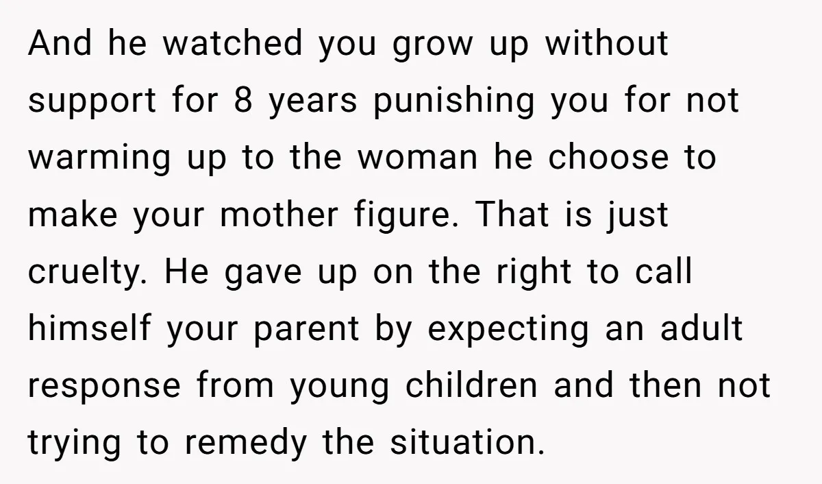 And he watched you grow up without support for 8 years punishing you for not warming up to the woman he choose to make your mother figure. That is just...