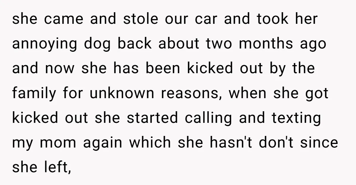 she came and stole our car and took her annoying dog back about two months ago and now she has been kicked out by the family for unknown reasons, when...