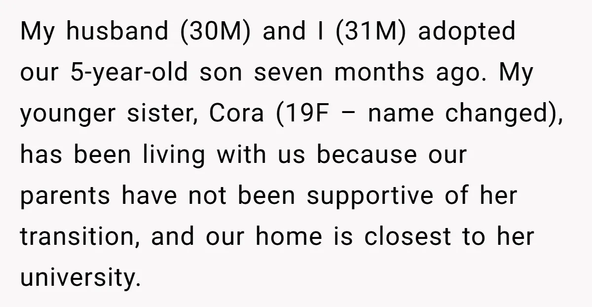 My husband (30M) and I (31M) adopted our 5-year-old son seven months ago. My younger sister, Cora (19F – name changed), has been living with us because our parents have...