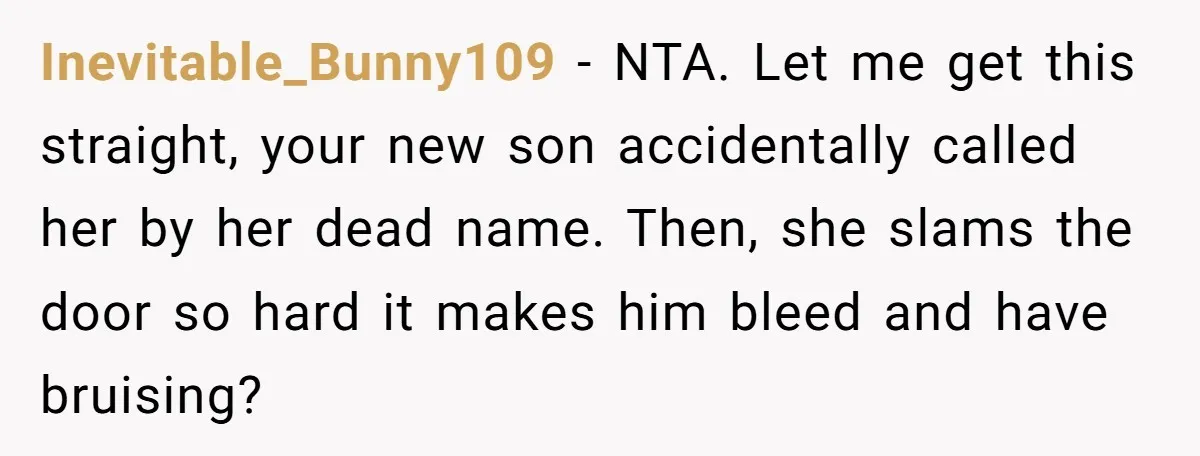 Inevitable_Bunny109 − NTA. Let me get this straight, your new son accidentally called her by her dead name. Then, she slams the door so hard it makes him bleed and...