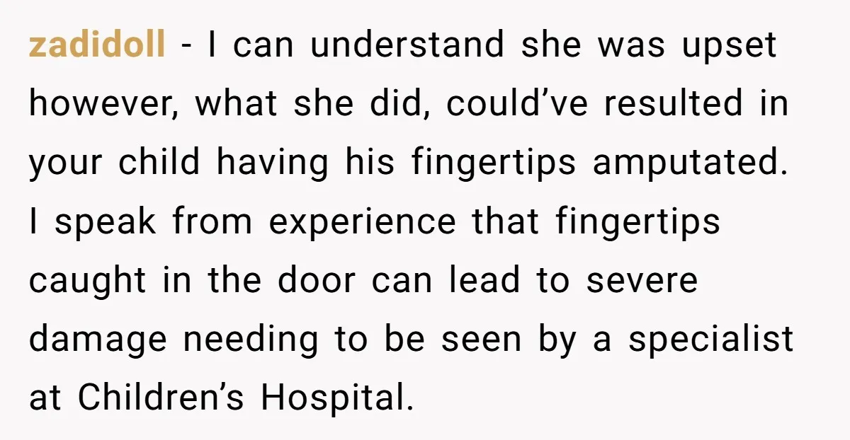 zadidoll − I can understand she was upset however, what she did, could’ve resulted in your child having his fingertips amputated. I speak from experience that fingertips caught in the...