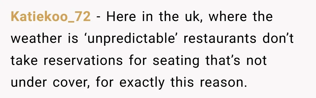 Katiekoo_72 − Here in the uk, where the weather is ‘unpredictable’ restaurants don’t take reservations for seating that’s not under cover, for exactly this reason.