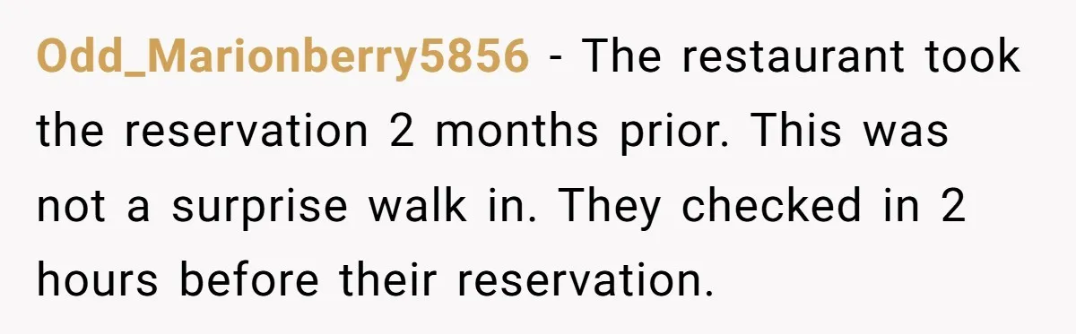 Odd_Marionberry5856 − The restaurant took the reservation 2 months prior. This was not a surprise walk in. They checked in 2 hours before their reservation.