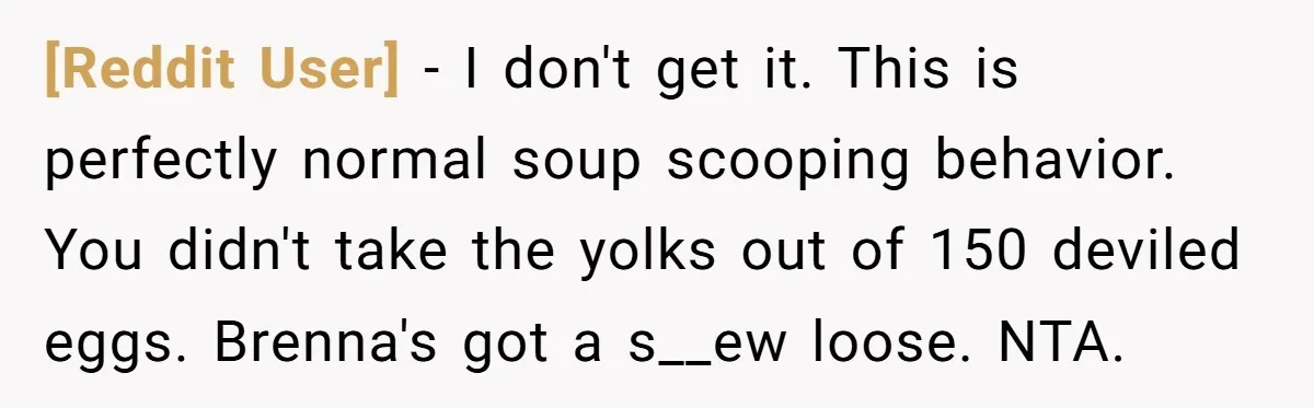 [Reddit User] − I don't get it. This is perfectly normal soup scooping behavior. You didn't take the yolks out of 150 deviled eggs. Brenna's got a s__ew loose. NTA.