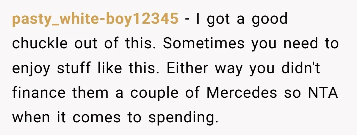 pasty_white-boy12345 − I got a good chuckle out of this. Sometimes you need to enjoy stuff like this. Either way you didn't finance them a couple of Mercedes so NTA...