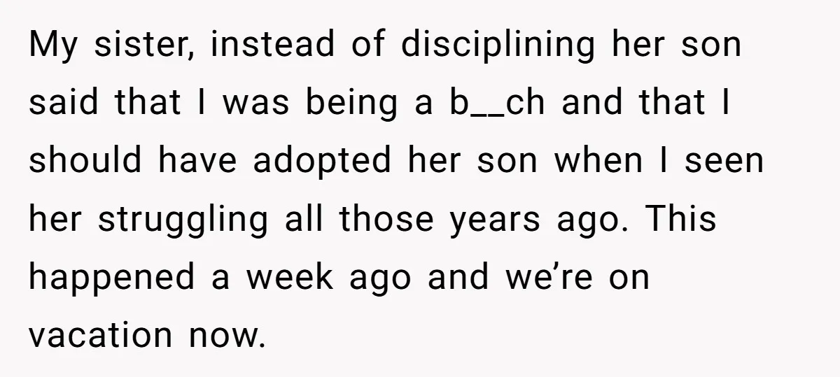My sister, instead of disciplining her son said that I was being a b__ch and that I should have adopted her son when I seen her struggling all those years...