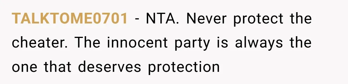 TALKTOME0701 − NTA. Never protect the cheater. The innocent party is always the one that deserves protection