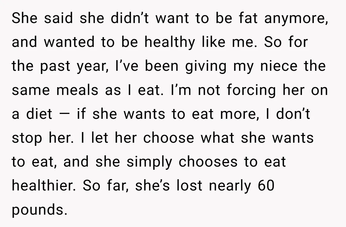 She said she didn’t want to be fat anymore, and wanted to be healthy like me. So for the past year, I’ve been giving my niece the same meals as...