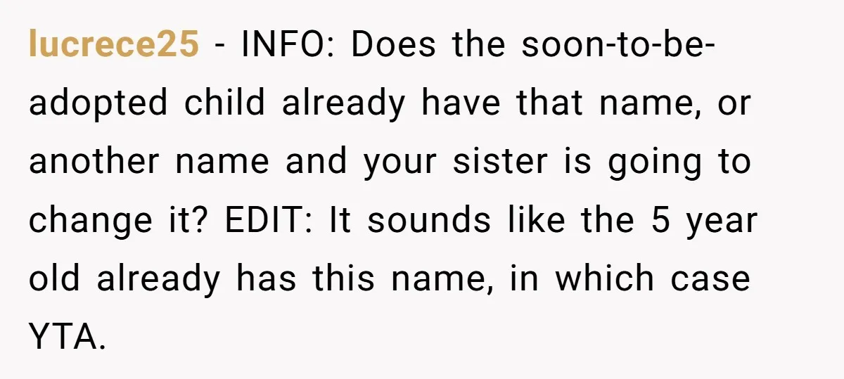 lucrece25 − INFO: Does the soon-to-be-adopted child already have that name, or another name and your sister is going to change it? EDIT: It sounds like the 5 year old...