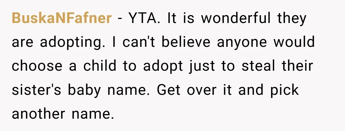 BuskaNFafner − YTA. It is wonderful they are adopting. I can't believe anyone would choose a child to adopt just to steal their sister's baby name. Get over it and...
