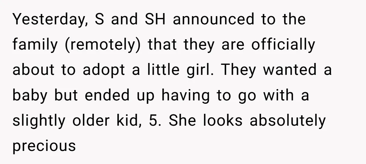 Yesterday, S and SH announced to the family (remotely) that they are officially about to adopt a little girl. They wanted a baby but ended up having to go with...