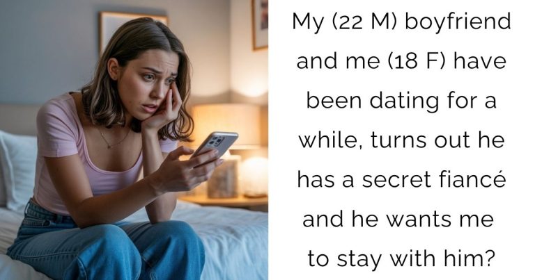My (22 M) boyfriend and me (18 F) have been dating for a while, turns out he has a secret fiancé and he wants me to stay with him?
