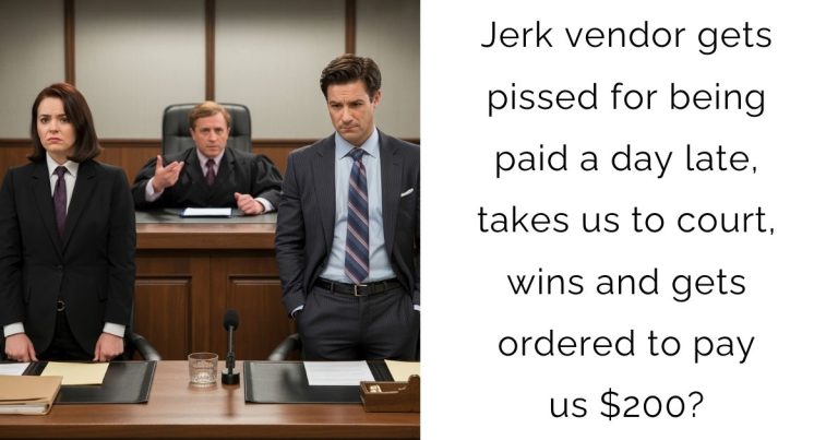 Jerk vendor gets pissed for being paid a day late, takes us to court, wins and gets ordered to pay us $200