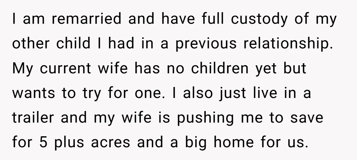 I am remarried and have full custody of my other child I had in a previous relationship. My current wife has no children yet but wants to try for one....