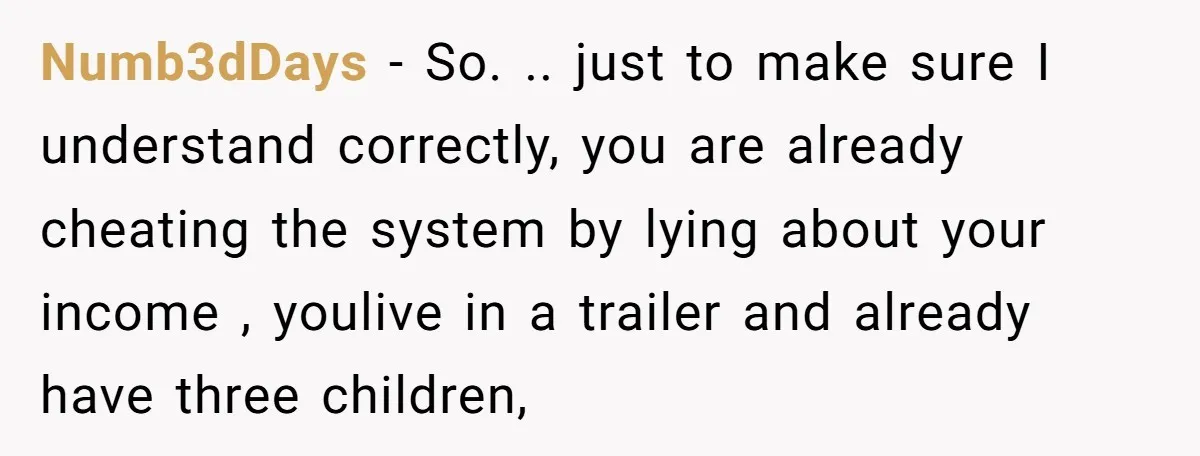 Numb3dDays − So. .. just to make sure I understand correctly, you are already cheating the system by lying about your income , youlive in a trailer and already have...