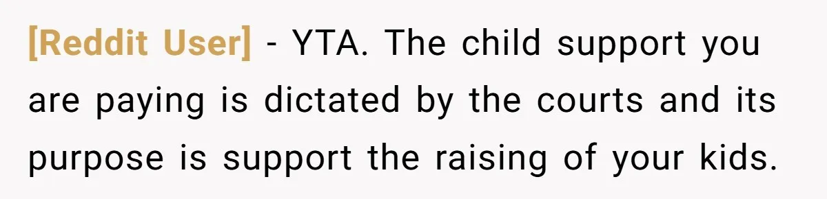 [Reddit User] − YTA. The child support you are paying is dictated by the courts and its purpose is support the raising of your kids.