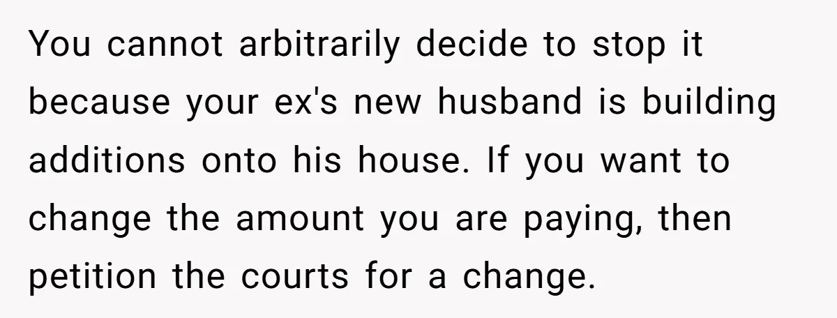 You cannot arbitrarily decide to stop it because your ex's new husband is building additions onto his house. If you want to change the amount you are paying, then petition...