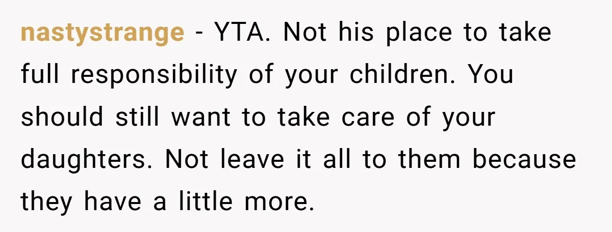 nastystrange − YTA. Not his place to take full responsibility of your children. You should still want to take care of your daughters. Not leave it all to them because...