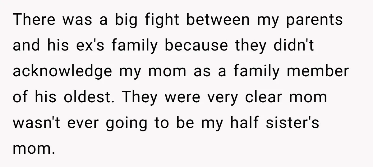 There was a big fight between my parents and his ex's family because they didn't acknowledge my mom as a family member of his oldest. They were very clear mom...