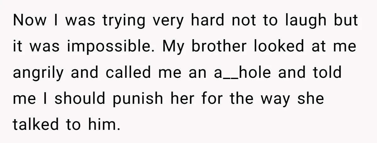 Now I was trying very hard not to laugh but it was impossible. My brother looked at me angrily and called me an a__hole and told me I should punish...