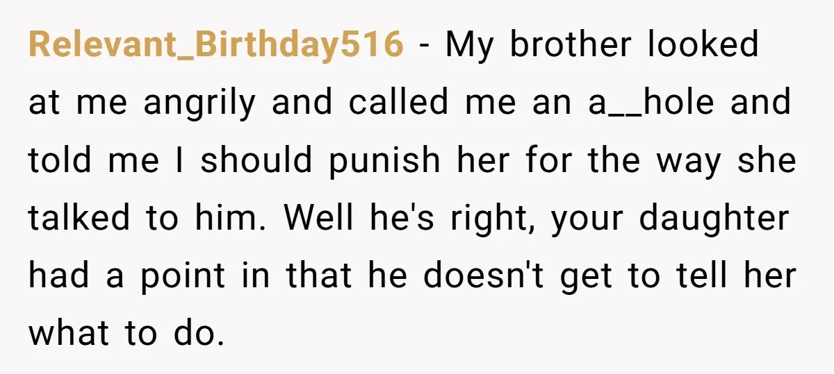 Relevant_Birthday516 − My brother looked at me angrily and called me an a__hole and told me I should punish her for the way she talked to him. Well he's right,...