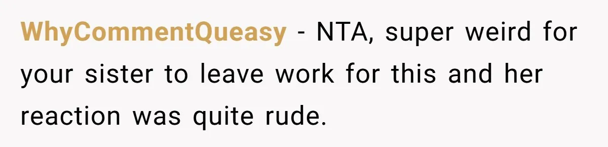 WhyCommentQueasy - NTA, super weird for your sister to leave work for this and her reaction was quite rude.