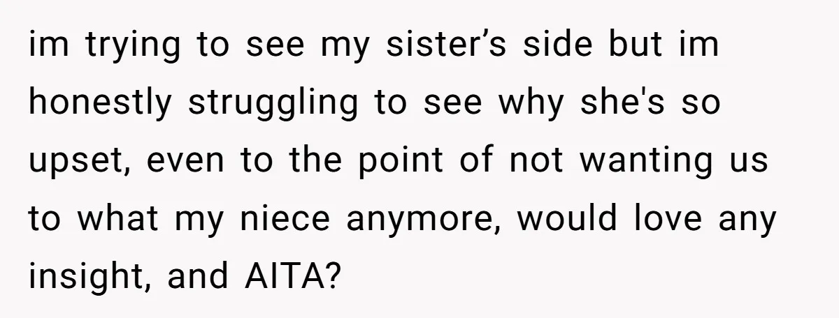 im trying to see my sister’s side but im honestly struggling to see why she's so upset, even to the point of not wanting us to what my niece anymore,...