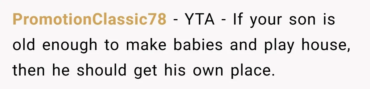 PromotionClassic78 − YTA - If your son is old enough to make babies and play house, then he should get his own place.