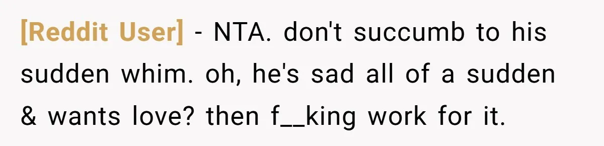 [Reddit User] − NTA. don't succumb to his sudden whim. oh, he's sad all of a sudden & wants love? then f__king work for it.