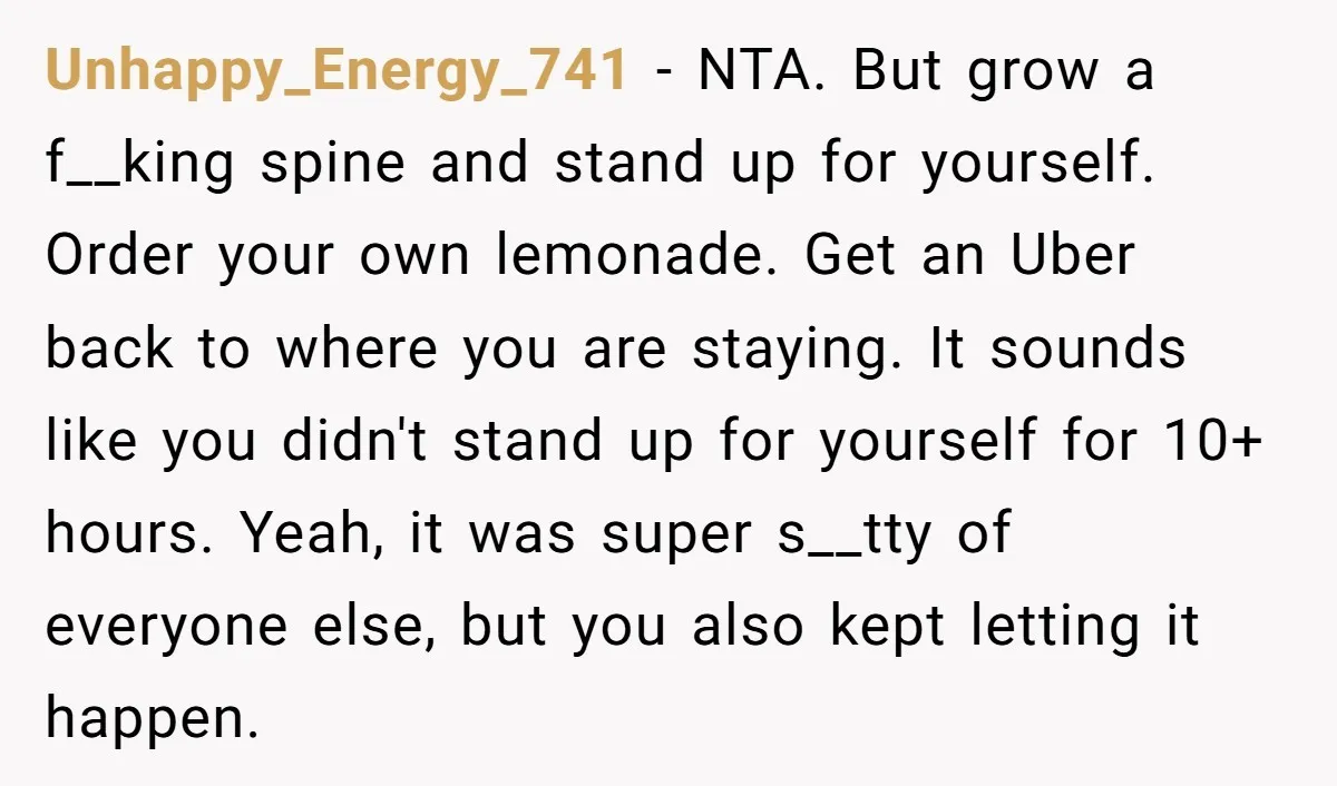 Unhappy_Energy_741 - NTA. But grow a f__king spine and stand up for yourself. Order your own lemonade. Get an Uber back to where you are staying. It sounds like you...